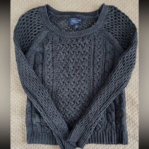 American Eagle Crochet Long Sleeve Sweater Dark Gray Size Small